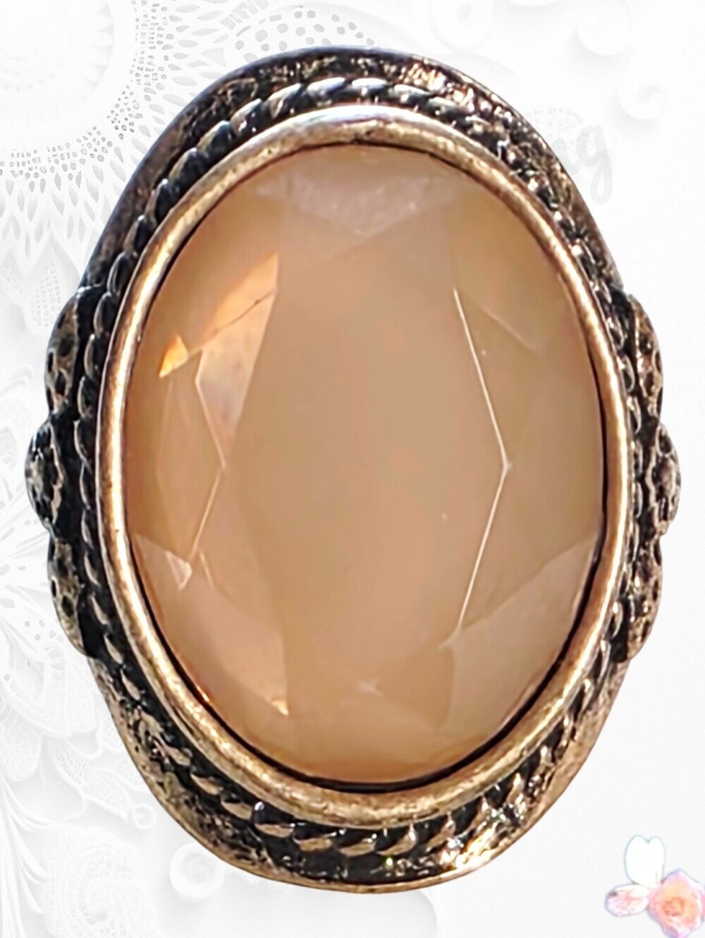 Chunky Boho Peach Blush Faceted Cabochon Cocktail Ring Artisan Bali Style 7.5